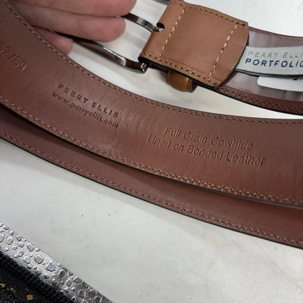 Perry Ellis Portfolio Timothy Leather Belt Mens Size 32 Brown Adjustable NWT New